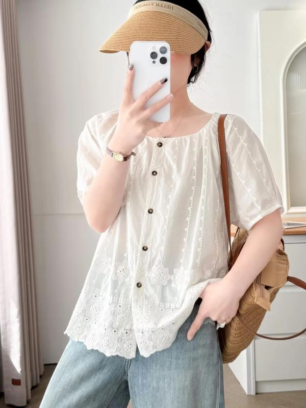 シャツ レディース 夏 半袖 ブラウス 女性用 綿 レース ジャガード ドールブラウス チュニック ゆったり スイート フェミニン ナチュラル 細見え 着痩せ 着回し(x2)
