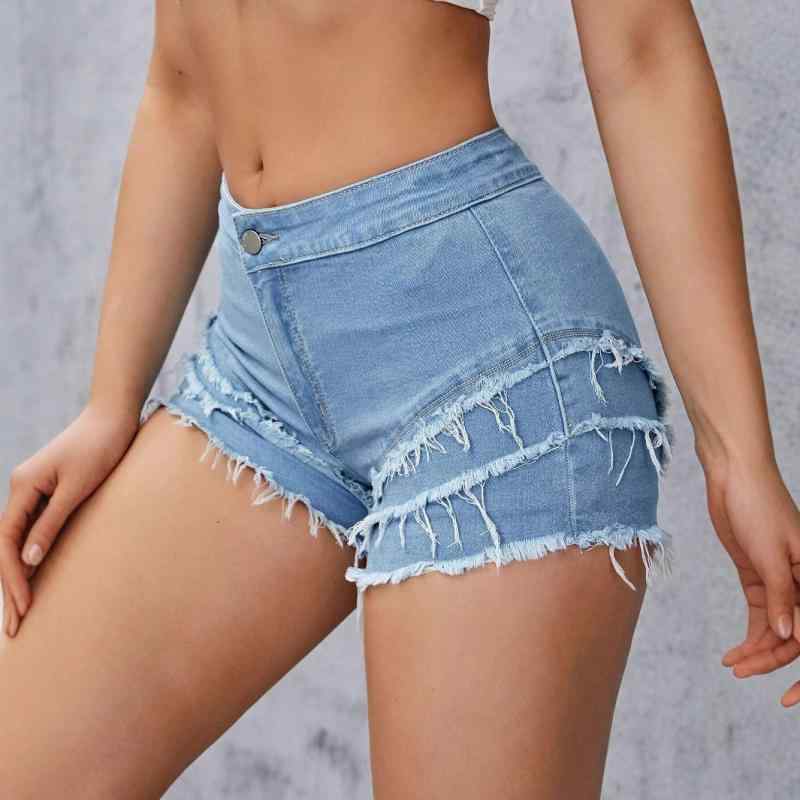デニムショートパンツ レディース ストリートファッション 多重フリンジ ダメージ加工 伸縮性 ミッドライズ ブルー 春夏 カジュアル 普段使い コットン