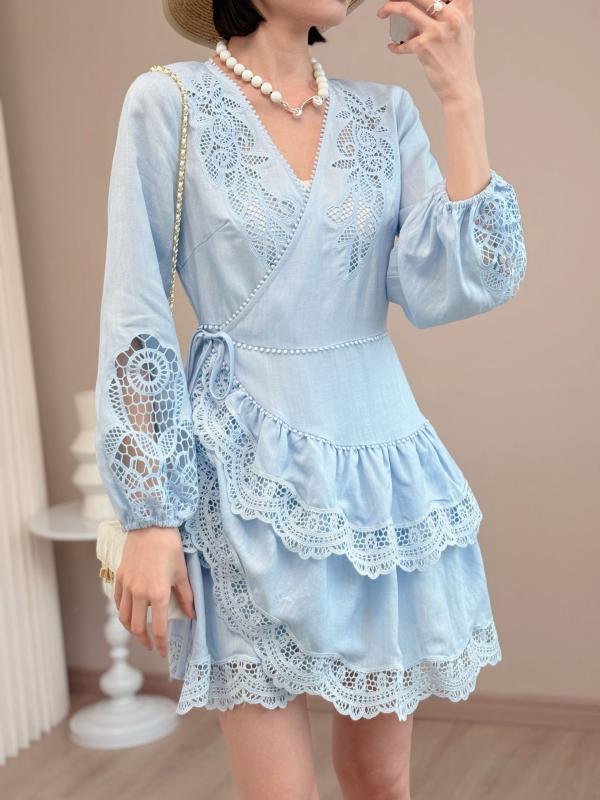 ワンピース レディース 春夏 Vネック 綿麻 リネン 花柄 レース 透け感 リゾートスタイル ミニ丈 Aライン フレア 清涼感 かわいい エレガント お出かけ デート
