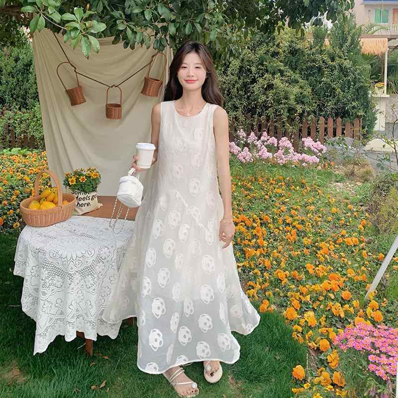 ワンピース レディース 韓国風 フェミニン ラウンドネック ノースリーブ ゆったり ロングワンピース 小柄 低身長 若見え スウィート かわいい 上品 エレガント 夏 TR素材 ポリエステル ホワイト
