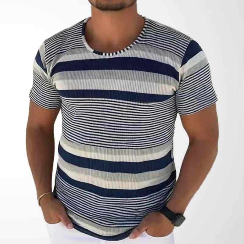 ニットTシャツ 男性用 ストライプ クルーネック 半袖 春夏 ポリエステル スリムフィット ウォッシャブル 普段使い ストリートファッション ダークブルー