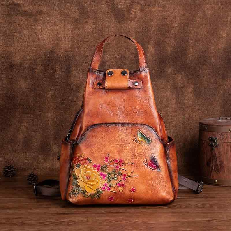 リュックサック レディース 女性用 レトロ ヴィンテージ加工 牛革 トップグレインレザー 中国風 チャイナテイスト 民族風 花柄 デイリーユース 普段使い ファスナー開閉 多機能ポケット