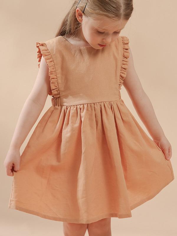 ワンピース 女の子 キッズ 子供服 夏物 お出かけ プリンセス かわいい 北欧風 ノースリーブ フリル ボタン コットンリネン 無地 刺繍レッド ライトオレンジ