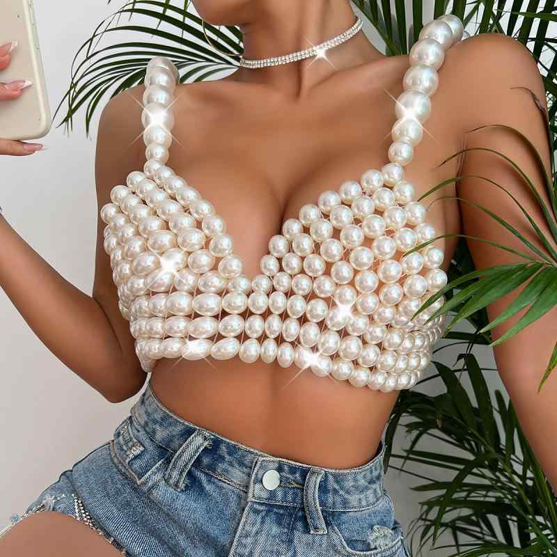 タンクトップ レディース 女性用 パール ストラップ キャミソール ノースリーブ スリムフィット タイト エレガント 上品 セクシー カジュアル 普段使い 春夏 ホワイト ゴールド シルバー