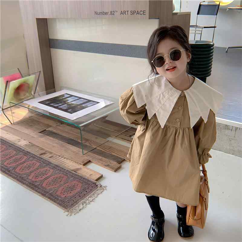 ワンピース 女の子 女児 キッズ 子供 韓国風 おしゃれ トレンド 尖り襟 ドールカラー 長袖 フレア プリンセスライン 綿 コットン ソフト 柔らかい カーキ 配色 春秋