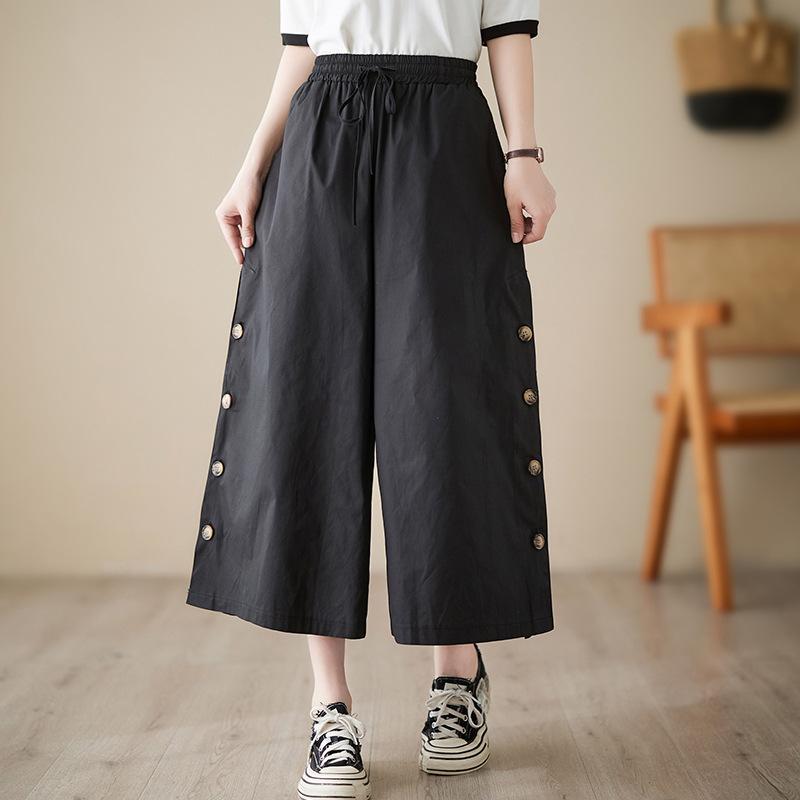 パンツ レディース レトロ カジュアル リラックス ワイドパンツ ガウチョパンツ クロップドパンツ 九分丈 綿 コットン 薄手 ウエストゴム 着痩せ 無地 春夏