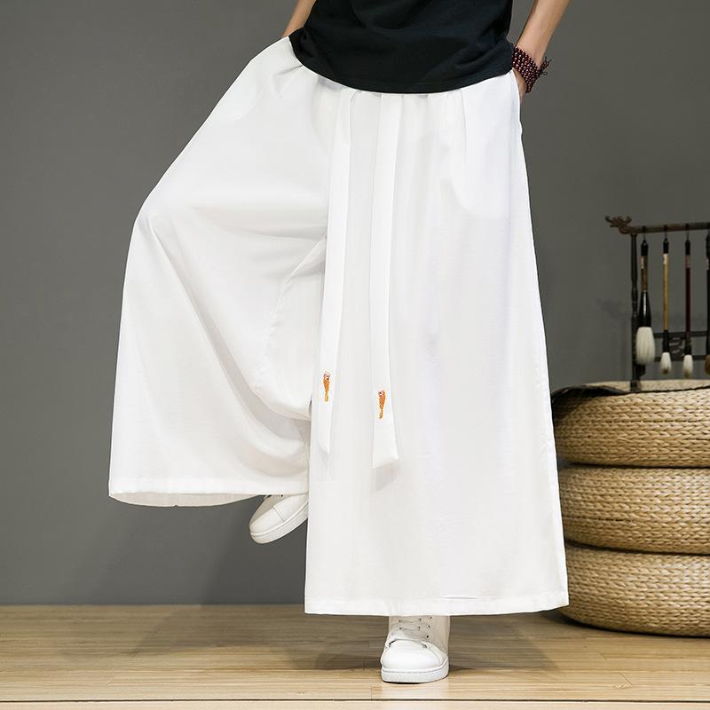 パンツ メンズ 男性用 春夏 改良漢服 民族風 エスニック レトロ 刺・墸 ワイドパンツ ガウチョパンツ フレアパンツ ワイドシルエット ロング丈 マキシ丈 長ズボン ゆったり リラックス 接触冷感 ひんやり 綿 麻 リネン 微ストレッチ 通気性 大きいサ