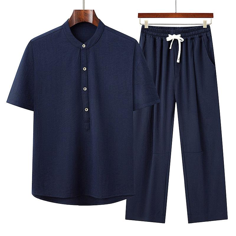 Tシャツ メンズ 男性用 中国風 チャイナ風 唐装 漢服 レトロ クラシック 薄手 軽量 接触冷感 吸湿速乾 半袖 飾りボタン トップス 夏物 普段使い カジュアル 再生繊維 グレー系 ネイビー