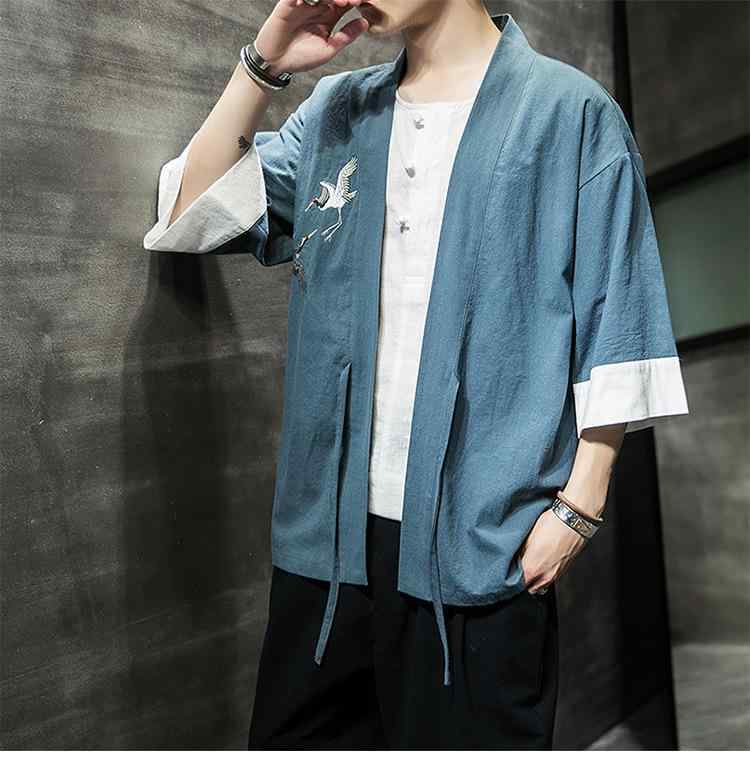 羽織り メンズ 男性用 トップス チャイナ風 漢服 鶴 刺しゅう カーディガン シェニール素材 伸縮性 ゆったり ビッグシルエット 開襟 春夏 湖ブルー
