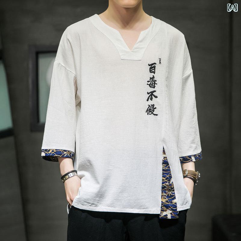 Tシャツ メンズ ネオチャイニーズスタイル 中国風 刺繍 レトロ コットン 五分袖 ハーフスリーブ ゆったり オーバーサイズ 民族風花柄 夏 カジュアル