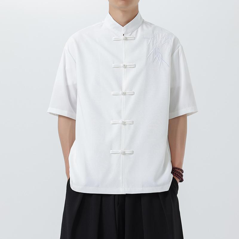 シャツ メンズ 中華風 チャイナシャツ 半袖 夏 薄手 盤ボタン ゆったり ビッグシルエット 綿 コットン カジュアル 普段着 部屋着 リラックス 古風 黒 白