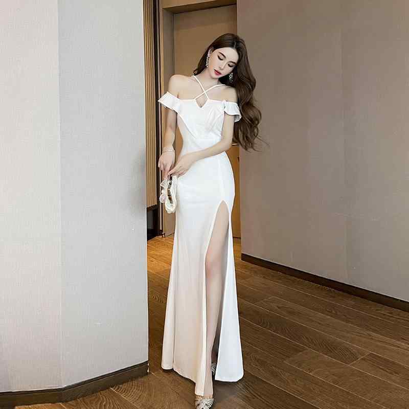 ドレス レディース 女性用 セクシー 魅惑的 深Vネック スリット タイト キャミソール ロング丈 イブニングドレス パーティードレス バックレス ハイウエスト 切り替え ナイトシーン イベント フォーマル ポリエステル ブラック ホワイト
