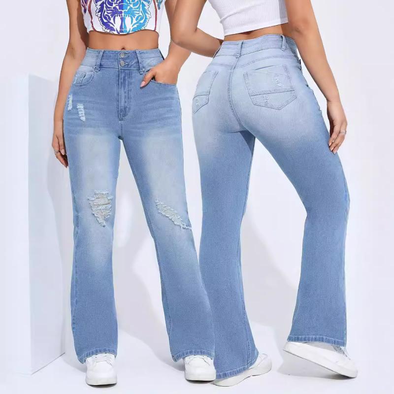 デニムパンツ レディース ジーンズ スキニー ダメージ加工 ハイストレッチ 細見え スリムフィット コットンブレンド カジュアル 普段使い ブルー系 ロング丈