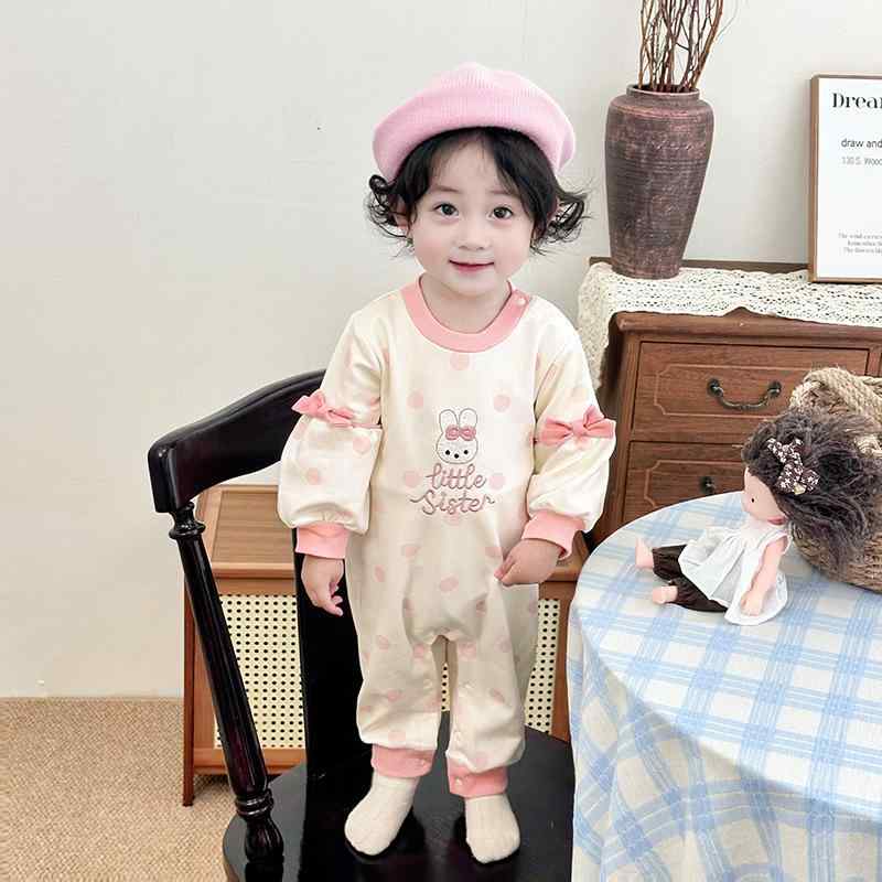 ロンパース 女の子 ベビー 新生児 うさぎ柄 アニマル かわいい キュート 春秋 長袖 綿 コットン ピンク カバーオール 韓国風 おしゃれ 赤ちゃん服 普段着 ルームウェア