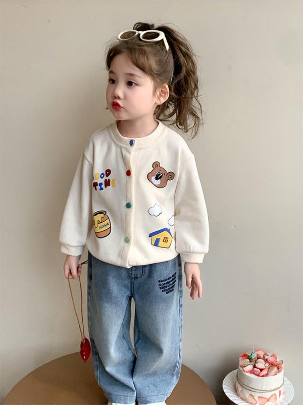 カーディガン キッズ 女の子 キャラクター柄 春秋 おしゃれ かわいい ニット 綿 丸首 長袖 ショート丈 普段使い カジュアル グリーン アイボリー