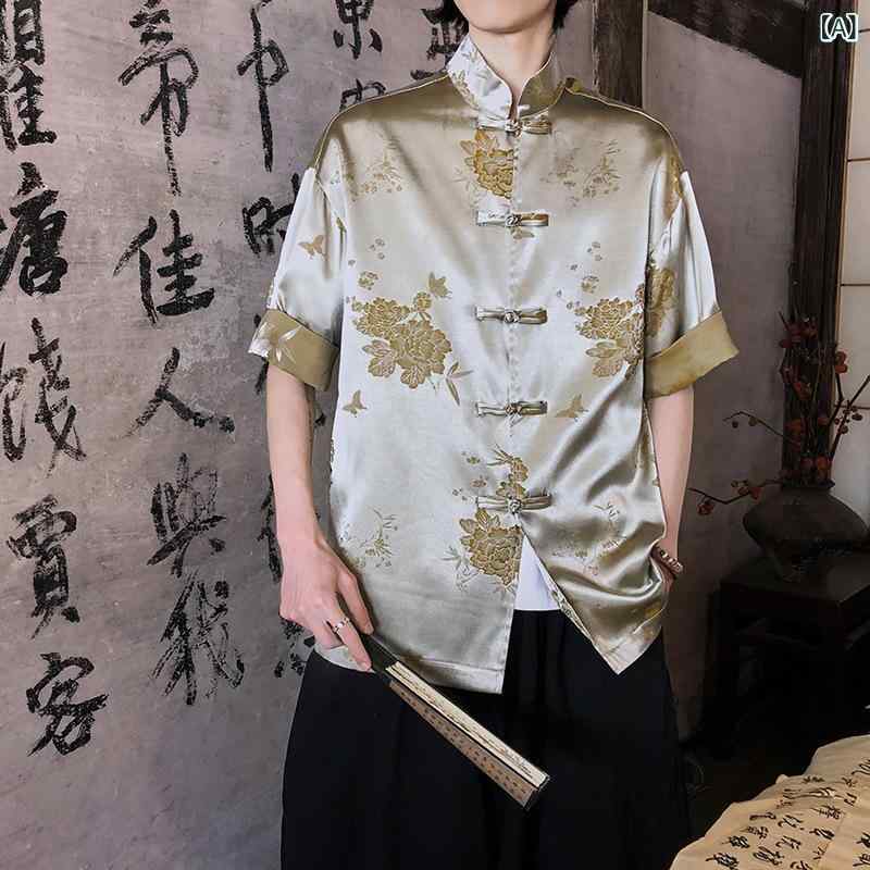 シャツ メンズ 中国風 モダンチャイナ ジャガード織り 花柄 レトロ 半袖 スタンドカラー チャイナボタン 配色切り替え 麻 リラックスフィット 薄手 イージーケア 普段使い カジュアル 春夏