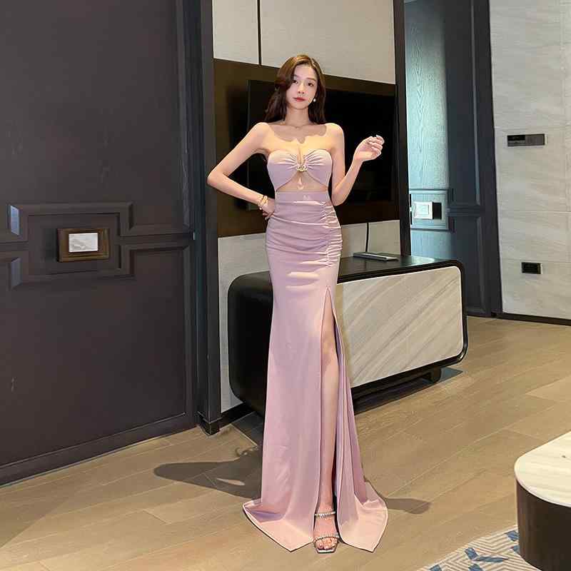 ドレス レディース 女性用 ベアトップ セクシー エレガント タイトシルエット スリット入り ロング丈 マキシ丈 ハイウエスト ピンク イブニングドレス パーティードレス フォーマル お呼ばれ 披露宴 誕生日会 発表会 司会 忘年会 結婚式
