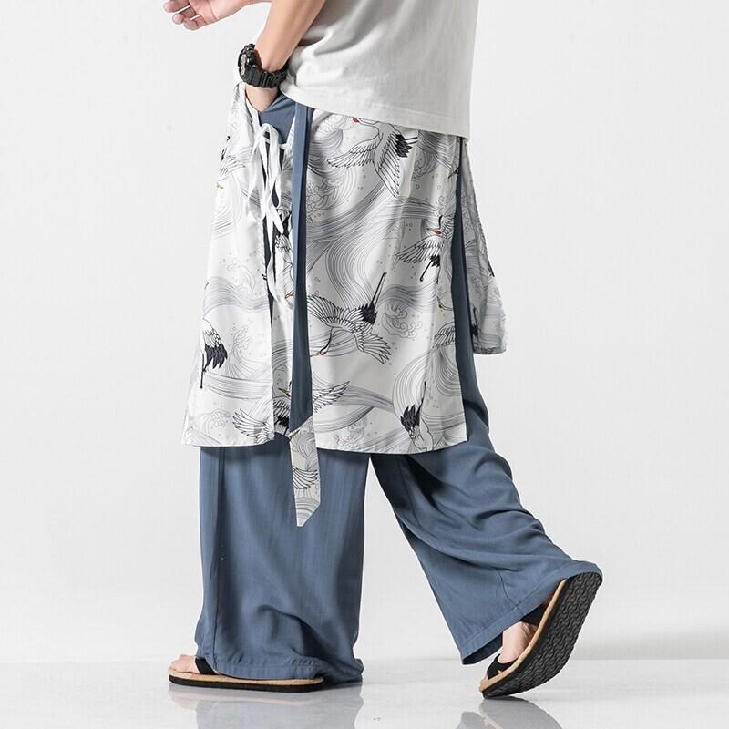 パンツ メンズ 大きいサイズ ビッグサイズ 新中華風 鶴柄 ゆったり リラックス ストレート ワイドパンツ 袴パンツ ロングパンツ 薄手 清涼感 綿混 ストレッチ カジュアル 春夏