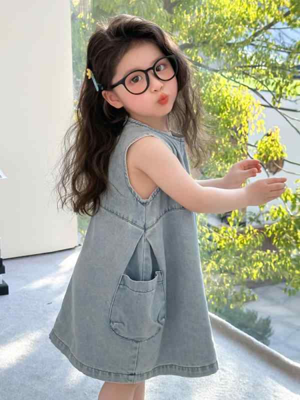 ワンピース 女の子 ガールズ キッズ 夏 ノースリーブ デニム 薄手 プリンセスドレス おしゃれ かわいい 綿混 ブルー Aライン 普段使い お出かけ 柔らか 快適