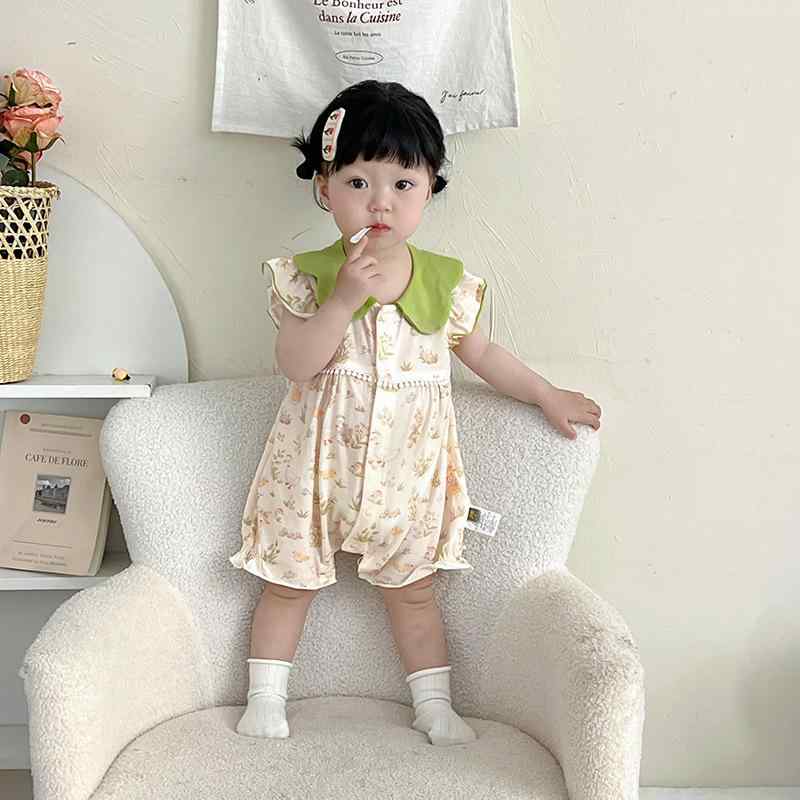 ロンパース 女の子 ベビー 夏服 半袖 薄手 コットン 綿 キャラクター 動物柄 韓国風 SNS映え 外出着 普段使い アプリコット ベージュ 前開き スナップボタン 新生児 0歳 1歳