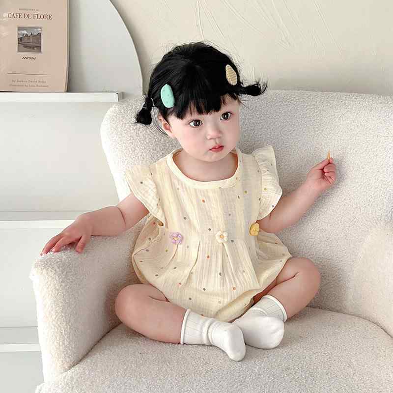 ロンパース 女の子 夏 半袖 ドット柄 フリル袖 薄手 コットン ベビー服 ボディスーツ カバーオール 足なし 赤ちゃん服 アプリコット ベージュ