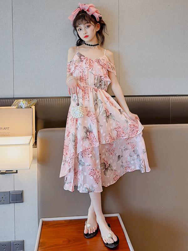 ワンピース 女の子 キッズ ジュニア シフォン ポリエステル ジャガード キャミソール 小花柄 フラワープリント プリンセスライン お出かけ ピンク 夏物 ドレス