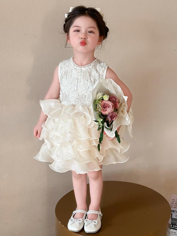 ワンピース 女の子 スパンコール プリンセスドレス 韓国風 かわいい 誕生日 セレモニー 発表会 結婚式 お呼ばれ フォーマル ふんわり チュール ノースリーブ キッズ 春夏