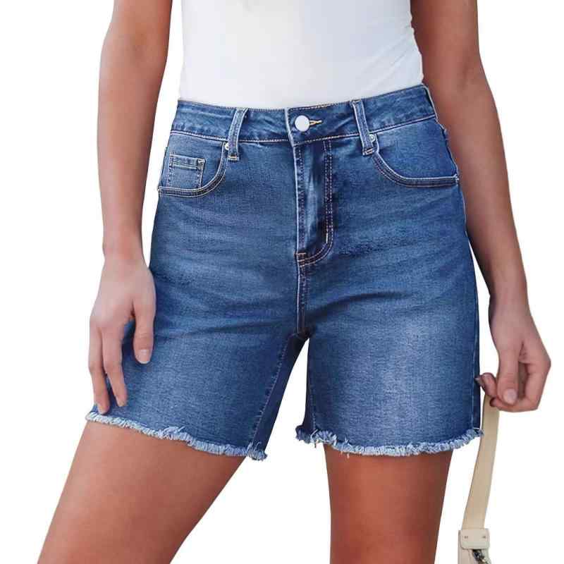 デニムショートパンツ レディース 女性用 ミドルウエスト スリムフィット 伸縮性 ストレッチ ウォッシュ加工 裾フリンジ 綿混 コットンブレンド ダークネイビー 紺色 ストリート カジュアル 着回し 春夏