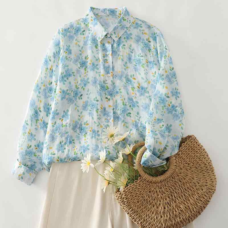 シャツ レディース クラシック 着回し 薄手 小花柄 ブラウス フレンチ レトロ 高品質 長袖 スタンドカラー シングルボタン ポリエステル 夏物 ブルー 普段使い