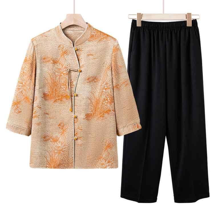 Tシャツ ミセス 中高年女性 お母さん向け 夏 ゆったり ルーズフィット カジュアル チャイナ風 花柄 半袖 ポリエステル トップス 黄色 白