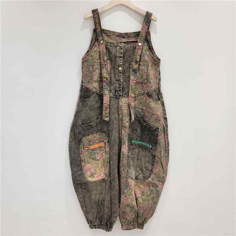 サロペット オーバーオール レディース 女性用 レトロ ヴィンテージ ウォッシュ加工 ユーズド加工 小花柄 切り替え デニム ハイウエスト ワイドパンツ ゆったり ルーズ ロング丈 春夏 カジュアル ストリートファッション 普段使い