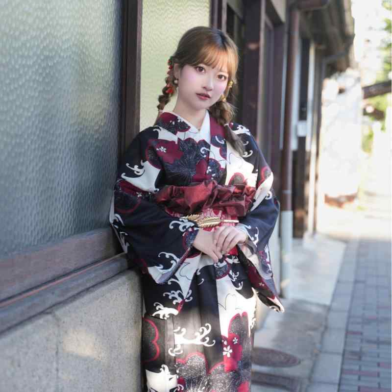 和服 着物 和装 伝統 正装 フォーマル 民族衣装 ポリエステル 化学繊維 黒 ブラック 春夏 イベント コスプレ 発表会 舞台衣装 プリント柄