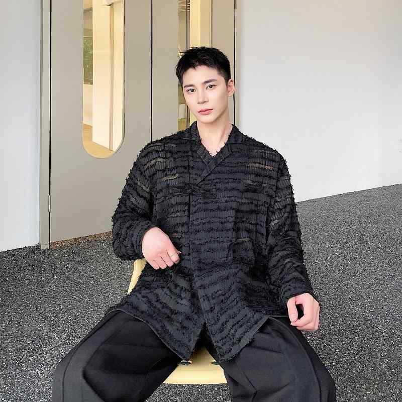 シャツ メンズ レトロ 個性的 チャイナボタン 襟付き 長袖 薄手 シアー 透け感 麻素材 ゆったり カジュアル トップス 春夏 ブラック ホワイト