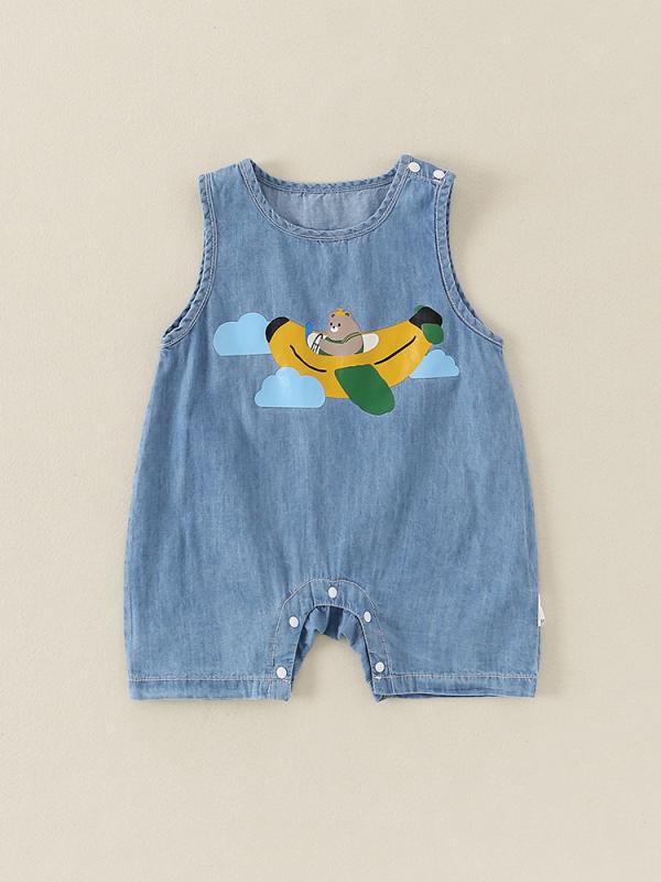 ロンパース ベビー 男の子 新生児 夏物 ノースリーブ かわいい キャラクター おしゃれ 韓国風 薄手 綿 コットン ブルー 青 普段着 カバーオール