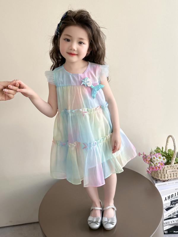 ワンピース キッズ 女の子 女児 半袖 プリンセスドレス 夏物 レインボー 虹色 チュールスカート おしゃれ かわいい 綿混 コットン お出かけ 普段使い ブルー