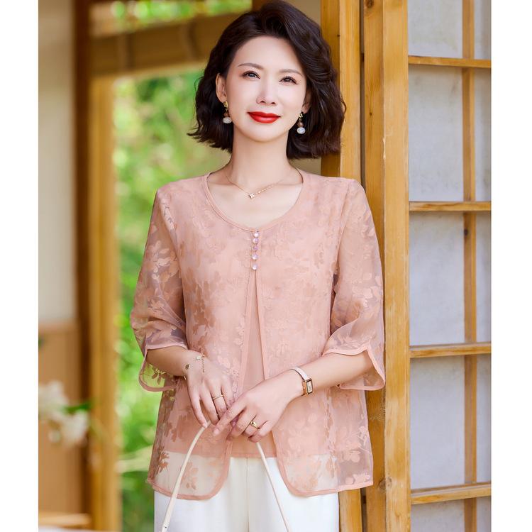 Tシャツ レディース 婦人服 春夏 五分袖 ブラウス トップス 上品 エレガント ラウンドネック 花柄 ポリエステル ストレッチ オフィス カジュアル 通勤