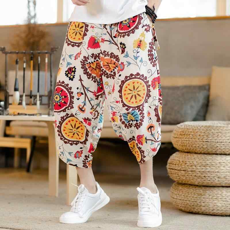 パンツ メンズ 男性用 春夏 レトロ トレンド 中国風 チャイナ風 キャロット クロップド テーパード 七分丈 プリント 薄手 軽量 微弾力 カジュアル リラックス 普段使い 綿 コットンブレンド