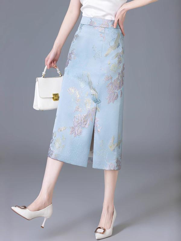 スカート レディース 中華風 レトロ 春夏 細見え 刺・墸 スリット タイト ストレート ミディ丈 サテン ポリエステル エレガント 上品 普段使い お出かけ アイボリー ブルー ピンク系
