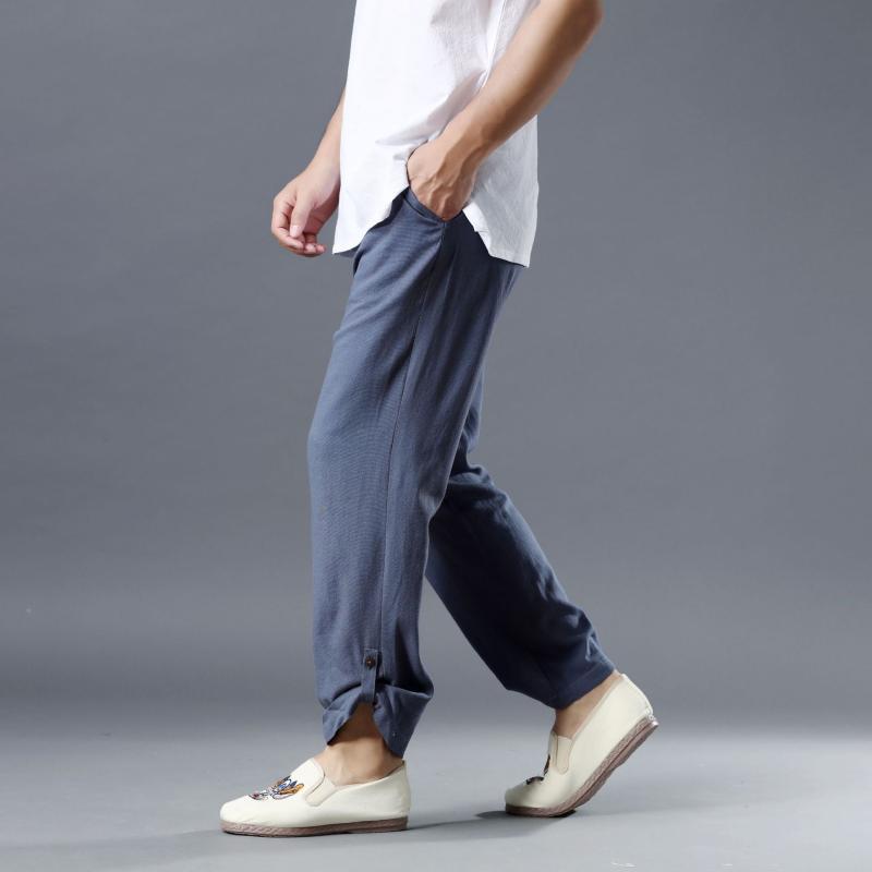 パンツ メンズ 男性用 麻 リネン エスニック 民族調 カジュアルパンツ リラックスパンツ ロールアップ 九分丈 アンクル丈 ストレート ウエストゴム イージーパンツ 薄手 軽量 通気性 普段使い