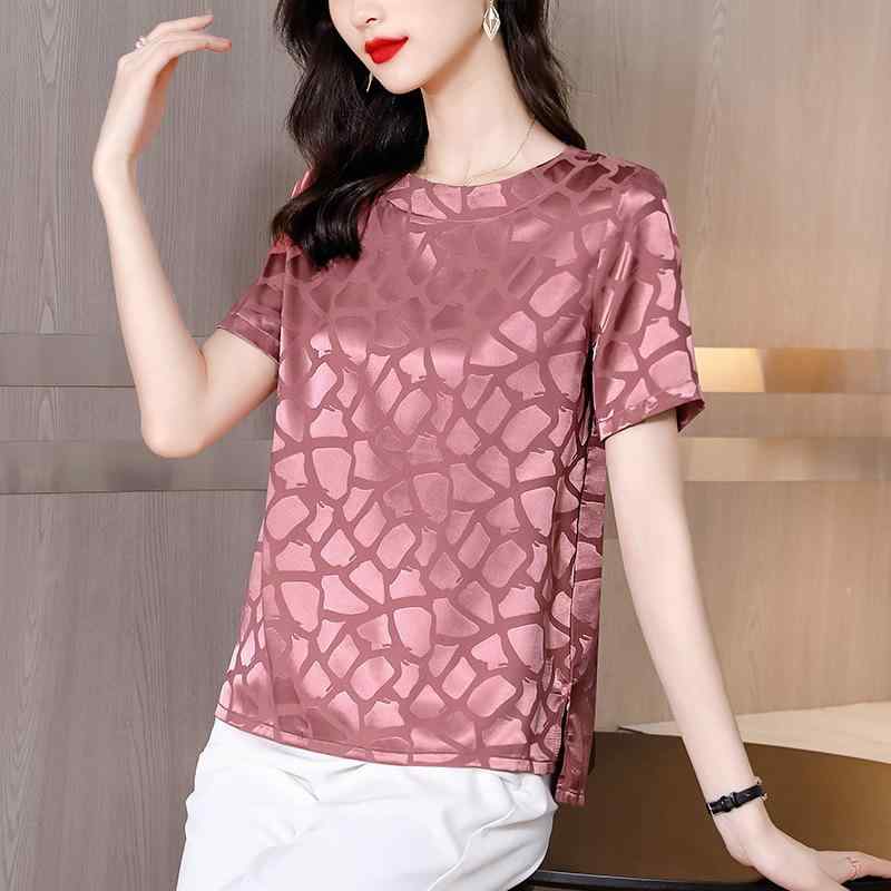 Tシャツ レディース 中年女性向け 春夏 半袖 薄手 ゆったり ルーズ ビッグサイズ 桑蚕シルク 高級感 ラウンドネック 通勤 カジュアル きれいめ カットソー トップス シャンパン レッド