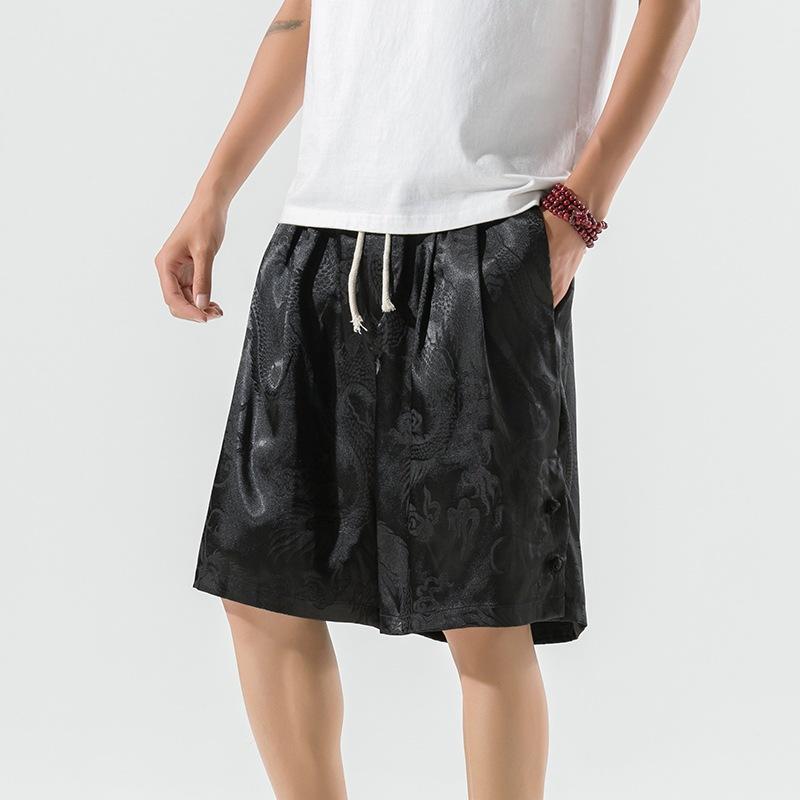 ハーフパンツ メンズ 春夏 チャイナ風 大きいサイズ 接触冷感 ポリエステル 薄手 微ストレッチ デイリー ゆったり ストレート カジュアル 個性的 チャイナボタン ドレープ 裾スリット ブラック ホワイト シルバー