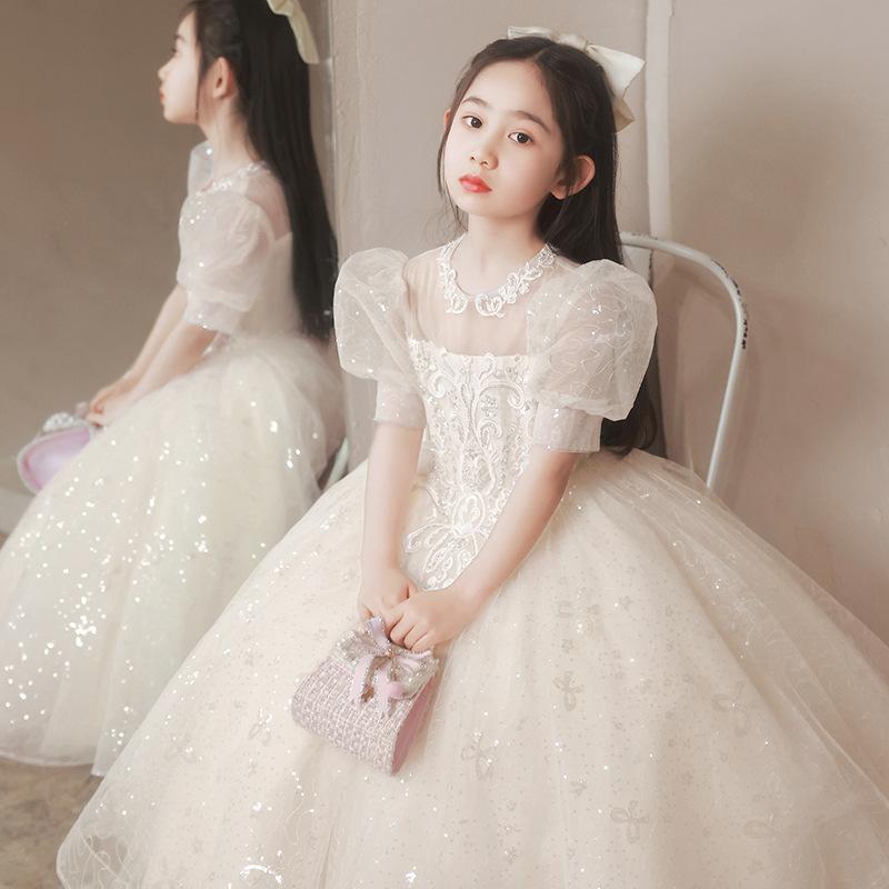 ドレス 女の子 キッズ ガールズ 高級感 プリンセス フォーマル 誕生日 バースデー 結婚式 ウェディング フラワーガール ピアノ発表会 演奏会 ステージ衣装 ポリエステル シャンパンカラー