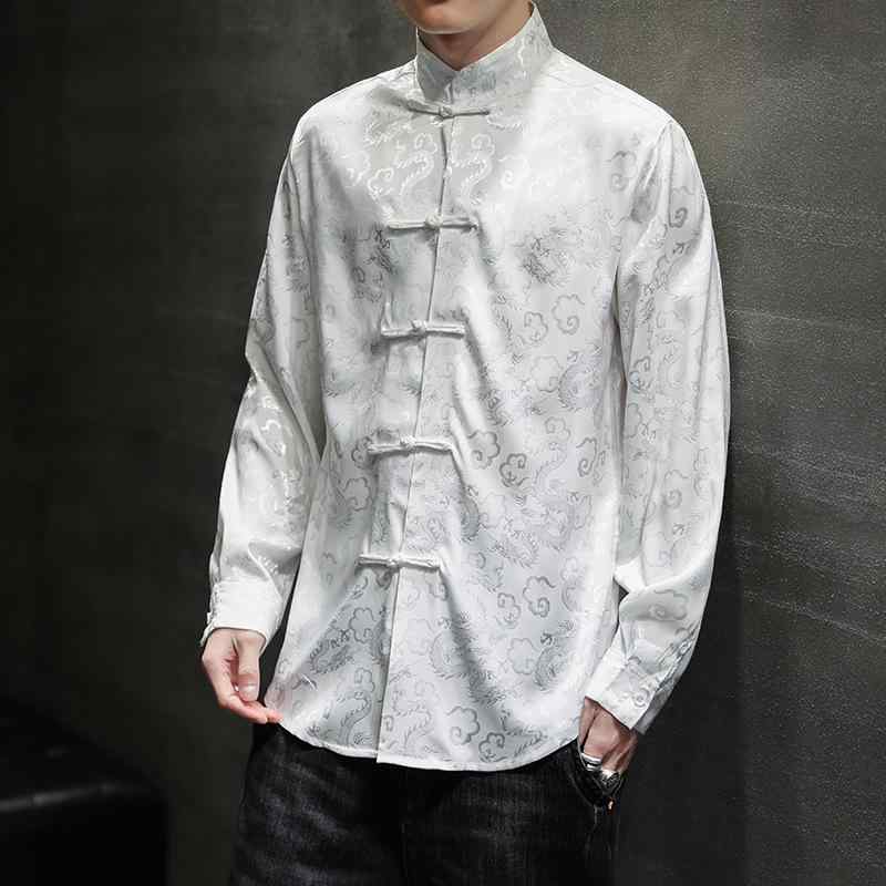 シャツ メンズ 中華風 チャイナ風 龍柄 スタンドカラー 長袖 飾りボタン チャイナボタン 薄手 軽量 レトロ ヴィンテージ 唐装風 大きいサイズ ビッグサイズ ゆったり ポリエステル カジュアル 普段使い 春秋 トップス