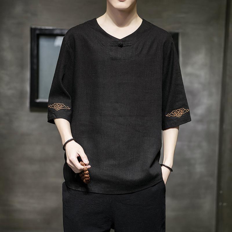 Tシャツ メンズ 半袖 中国風 中華風 漢服風 刺繍 麻 リネン 薄手 Uネック ゆったり ビッグサイズ ルーズ 普段使い カジュアル デイリー 白 黒 イエロー 春夏
