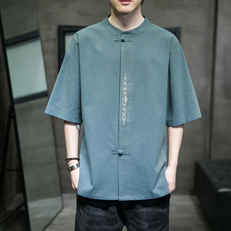 Tシャツ メンズ 半袖 綿麻 リネン 中国風 唐装風 漢服風 刺繍 ゆったり ルーズフィット 丸首 クルーネック 薄手 春夏 カジュアル カットソー ブラック ホワイト