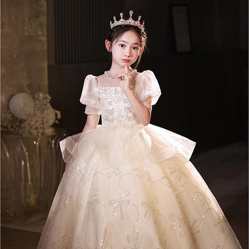 ドレス 女の子 子供 誕生日 結婚式 発表会 フラワーガール プリンセス フォーマル ロングワンピース シャンパン 上品 エレガント セレモニー