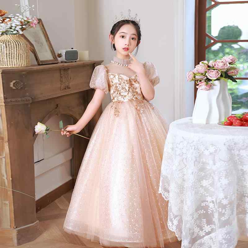ドレス 女の子 子供用 フォーマル プリンセス ロング 発表会 演奏会 パーティー 結婚式 ピアノ 卒業式 入学式 上品 エレガント 個性的 ライトピンク ポリエステル