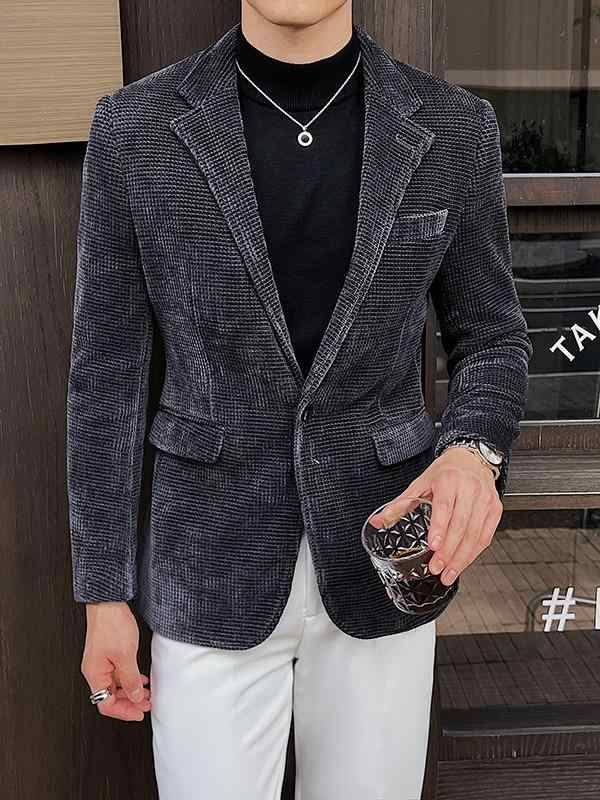 ジャケット メンズ ワッフル織り 厚手 スリムフィット カジュアル 高級感 テーラードカラー シングルブレスト 1つボタン シワになりにくい グレー ブラック アイボリー