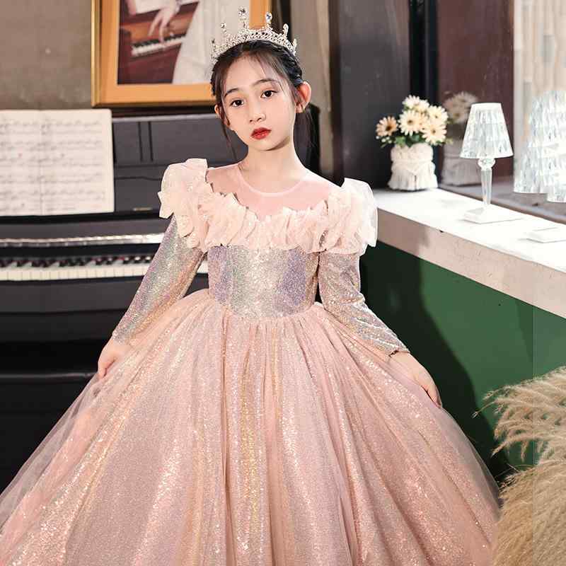 キッズ 女の子 プリンセスドレス ワンピース 礼服 フォーマル イブニングドレス 軽やか 高級感 かわいい プリーツ 宴会 誕生日 発表会 演奏会 司会 ファッションショー ステージ衣装 ロング丈 ポリエステル 化繊混紡 ピンク ブルー