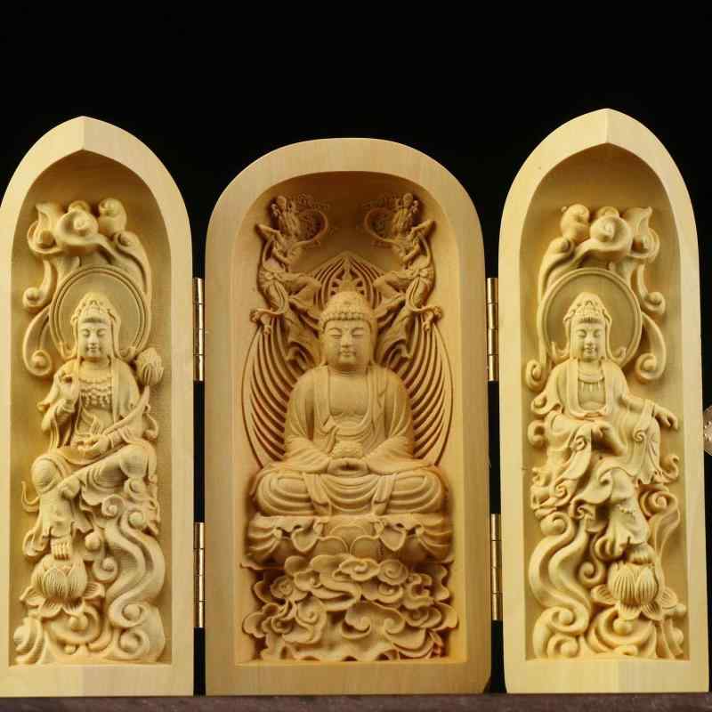 仏像 千手観音菩薩 西方三聖像 柘植 黄楊木 柏木 手彫り 携帯用 ミニ 開閉式 厨子 三面開き コンパクト インテリア 室内装飾 お守り 置物